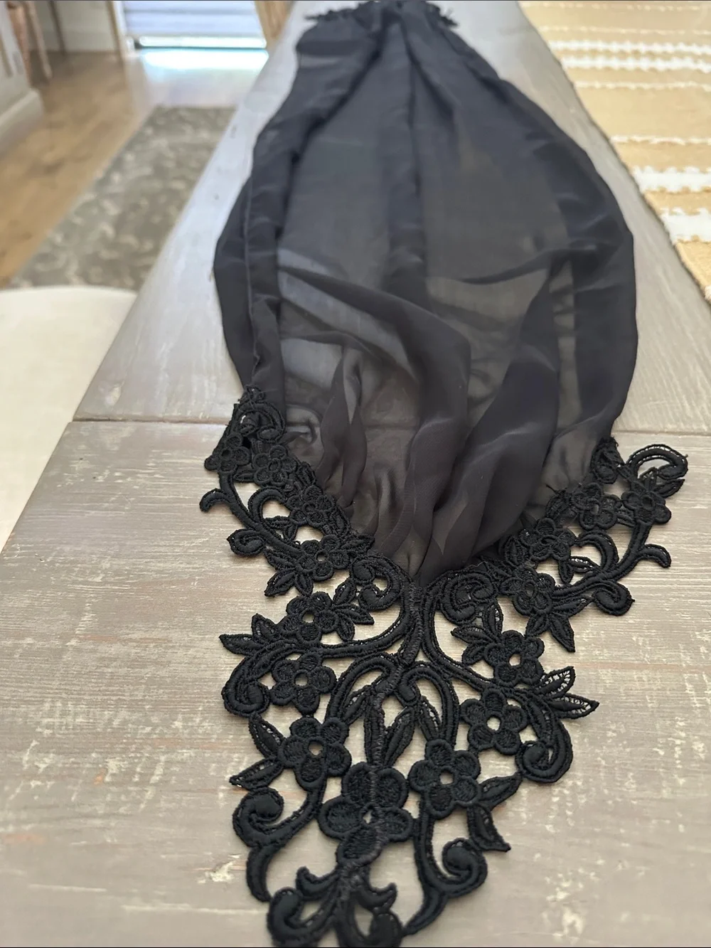Black Sheer Lace-Trim Wrap Scarf